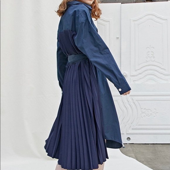 Midi Pleated Shirt Belt Navy Dress - NEW - Picture 2 of 8